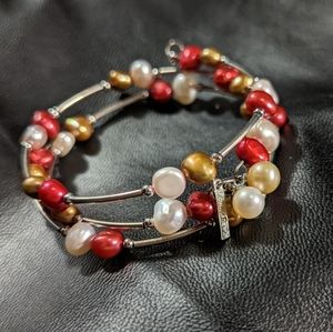 2 Vantel Pearl red, gold and white pearl wrap bracelet